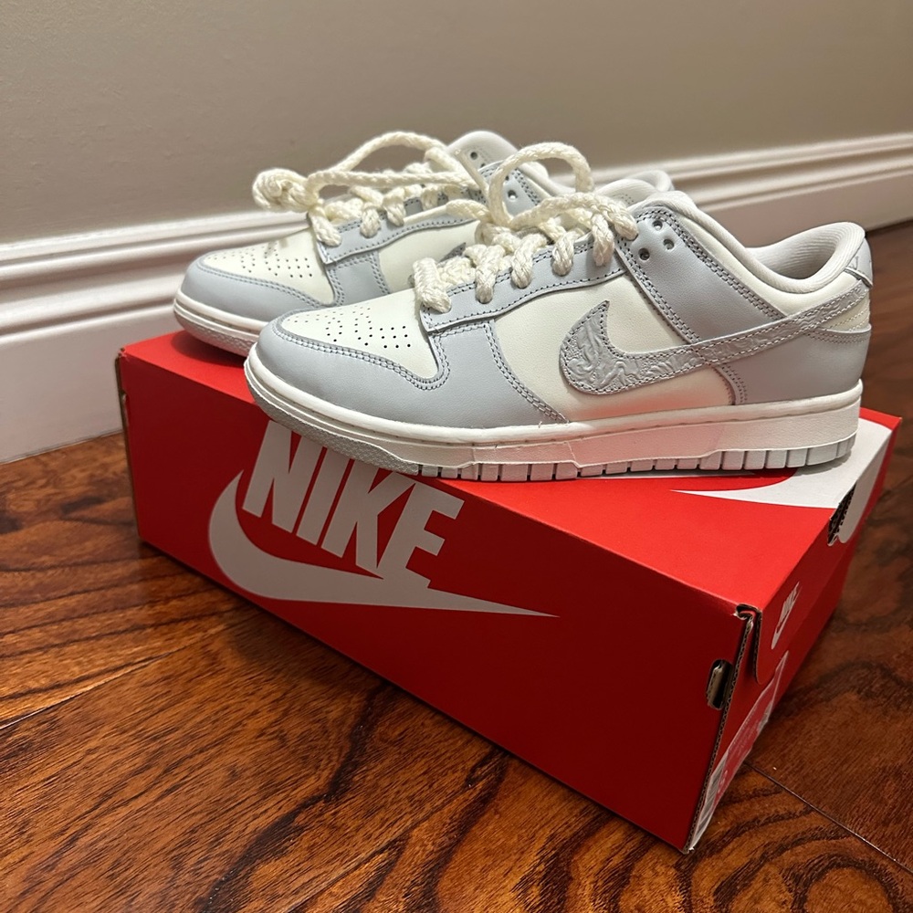 Nike womens “needlework” dunks in Gray and White